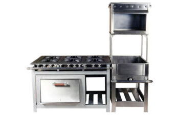 Conjunto em aço inox fogão com forno, banho maria e salamandra